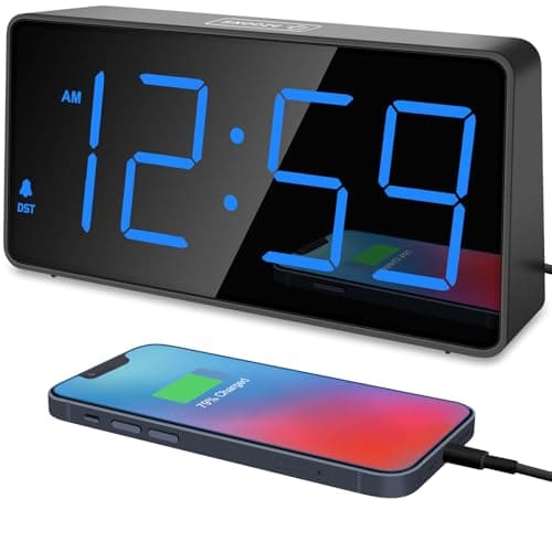 Peakeep Digital Alarm Clock for Bedroom Bedside, Loud Alarm Clock for Heavy Sleepers, Large Big LED Numbers for Seniors, Battery Backup Plug in Electric Clock with USB Charger (Blue)