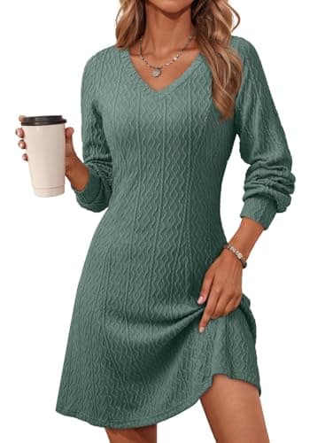 Best Dokotoo Dresses #10 from Dokotoo Dokotoo Womens Fall Wedding Guest Dresses for Women Winter Clothing 2025 Business Casual Work Long Sleeve Dress V Neck Knit Ribbed Ladies A Line Sweater Dress Mist Green Dresses for Women L