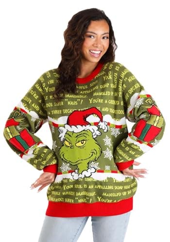 Dr. Seuss The Grinch Holiday Sweater for Adults - You're a Mean One Mr. Grinch Christmas Sweater for Men & Women L Green