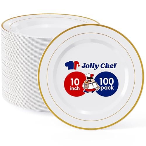 Best Plastic Plates #9 from JOLLY CHEF JOLLY CHEF 100 Pieces Gold Plastic Plates, 10 Inch Elegant Disposable Dinner White with Gold Rim, Disposable Plastic Plates for Christmas, Birthdays and Weddings