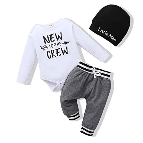 Renotemy Newborn Baby Boy Clothes Long Sleeve Romper Outfits Set New to The Crew Outfits Baby Boy Clothes 0-3 Months White