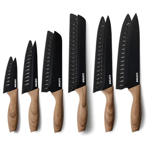 CAROTE 12PCS Knife Set, Stainless Steel Kitchen Knife Set with Nonstick Ceramic Coating Dishwasher Safe with 6 Blade Guards, Rustproof, Black