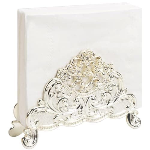 Nerien Vintage Metal Napkin Holder, Collection Tabletop Paper Napkin Stand, Retro Napkin Freestanding Organizer, Tissue Dispenser for Home Kitchen Indoor Outdoor Decor, Silver Vine Flower