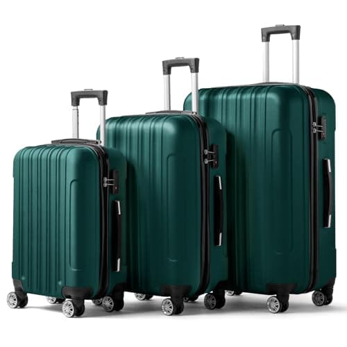 Karl home Luggage Sets 3 Piece, Hardside Carry on Suitcase Sets with Spinner Wheels & TSA lock, Portable Lightweight ABS Luggages for Travel, Business - Dark Green, 20/24/28in