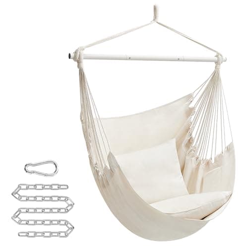 SONGMICS Hammock Chair, Load Capacity 500 lb, Hanging Chair with 2 Cushions, Large Hammock Swing with Chain and Pocket, for Indoor, Outdoor, Living Room, Bedroom, Cream White UGDC197M01