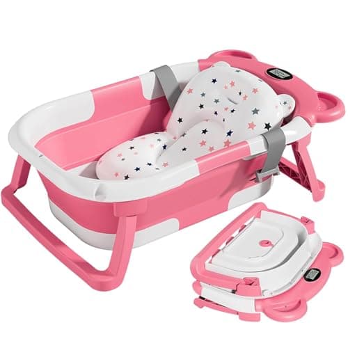 TPN Collapsible Baby Bathtub for Infants to Toddler with Real-time Temp Monitor+Floating Cushion,Foldable Baby Bath Tub Set Applicable 0-36 Month,Perfect Portable Travel Baby Tub for Newborns Girl