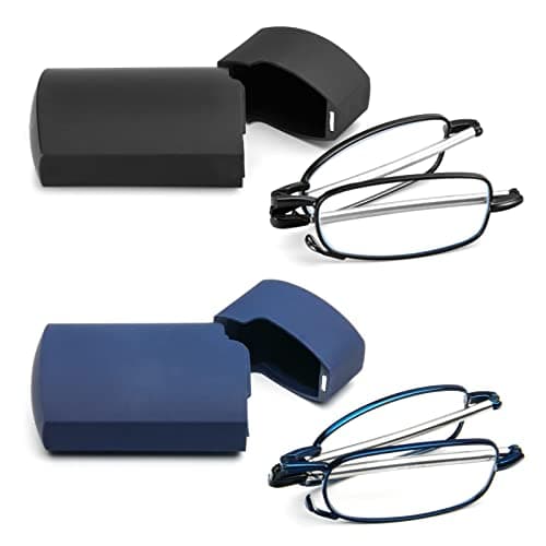 prtcslwd 2 Pack Folding Reading Glasses Stainless Steel Mini Anti-Blue Light Blocking Reader for Men Women (2 Pair （black+blue）, 1.5, Diopters)