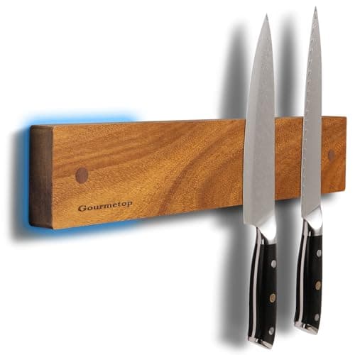 Gourmetop Magnetic Knife Holder for Wall 12", Knife Magnetic Strip No Drilling, Acacia Wood Magnetic Knife Holder for Refrigerator, Strong Knife Magnet&Knife Rack for Kitchen Utensil Organizer