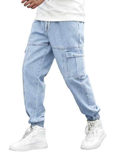 OYOANGLE Men's Drawstring Waist Flap Pocket Jogger Cargo Pants Carrot Denim Jeans with Pocket Light Wash Small