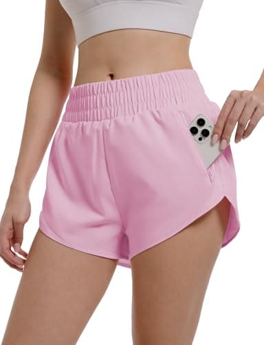 Womens Athletic Running Shorts Quick Dry Workout High Waisted Active Short with Zipper Pocket Sport Layer Gym Liner Elastic Lightweight Yoga Soft Split Leg Casual Walking Outfits Fall Pink