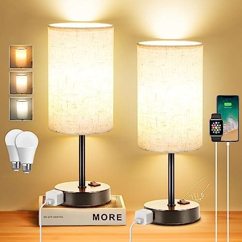 ZJOJO Table Lamp for Bedroom Set of 2, Bedside Small Lamps with 3 Way Dimmable Rocker Switch and AC Outlet, Nightstand Desk Lamp with Flaxen Fabric Shade Black Base for Living Room Home Decor Lights
