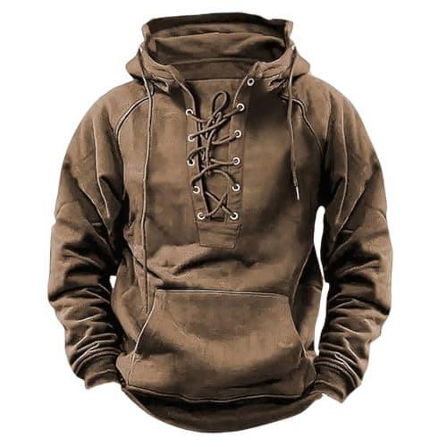 Mens Tactical Sweatshirts Lace Up Aztec Hooded Pullover Long Sleeve Cargo Workout Outdoor Hoodies with Pocket