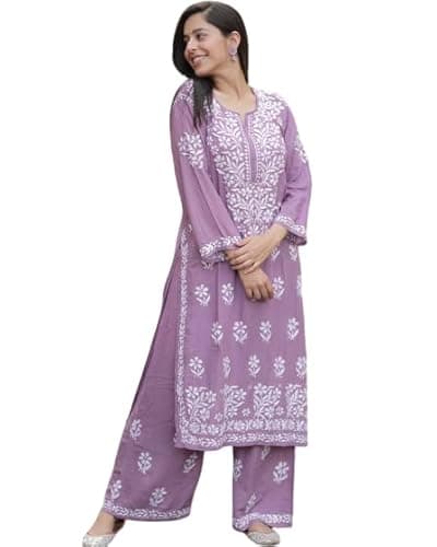 zomiconice Women's Kurta Set Embroidered Chikankari Kurta with pant ethnic Indian wear- Lucknow Chikankari, traditional chikankari (US, Alpha, Medium, Regular, Regular, Lavender)