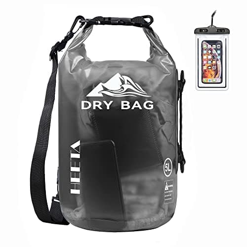HEETA Dry Bag Waterproof for Women Men, Roll Top Lightweight Dry Storage Bag Backpack with Phone Case for Travel Swimming Boating Kayaking Paddle Board Camping Beach Accessories (Transparent Black,5L)