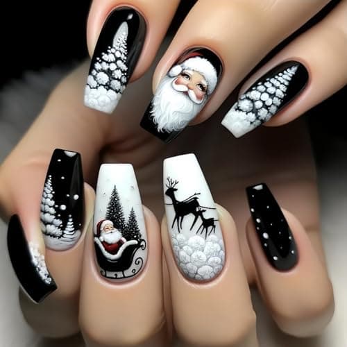 24 Pcs Christmas Press on Nails Long Coffin Fake Nails Black Glossy False Nails with Winter Santa Claus Snowflake Elk Design Xmas Acrylic Nails Full Cover Christmas Stick on Nails for DIY Nail Art