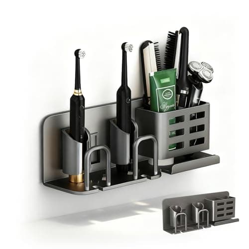 Aluminum Wall Mounted Bathroom Organizer (Black) - Self-Adhesive Toothbrush Holder for Toothpaste, Cups, Combs & Dental Supplies