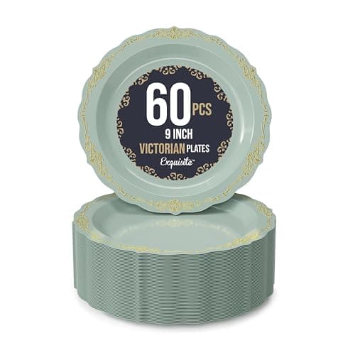 60 Pcs Disposable Plastic Plates | Victorian Design Premium Disposable Plates | 9 inch. Robin Blue & Gold China Like Plastic Plates For Parties & Weddings