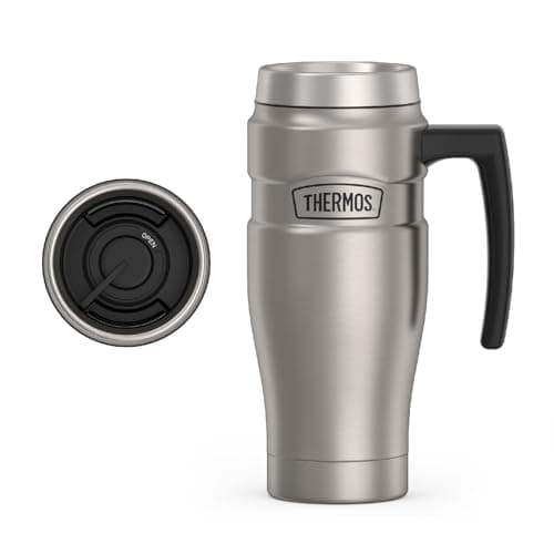 THERMOS Stainless King Vacuum-Insulated Travel Mug with Handle - 16oz, Matte Steel - Thermos Tumbler for Hot & Cold Drinks - Leak-Proof & Sweat-Proof Stainless Steel Coffee Mug with Lid for Commuting