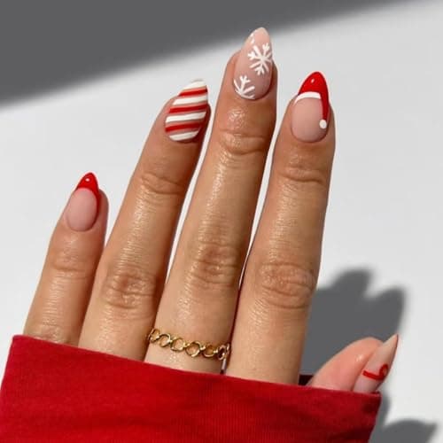 Christmas Press on Nails Short Almond Nails Press on with Cute Bow Design Glossy White Snowflake Glue on Nails Red Stripes Christmas Hat Fake Nails Winter Xmas Nails for Women Manicure 24Pcs