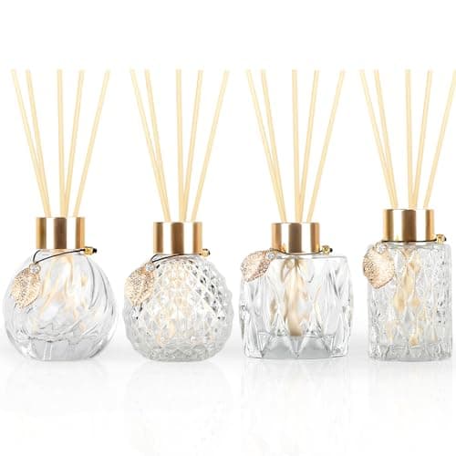 Trifolic 4Pcs Reed Diffuser Set with Metal Golden Decoration, 3.5-4.2oz Empty Reed Diffuser Bottles with 20Pcs Reed Diffuser Sticks, Unique Design Bottles for Home and Office(4 Pcs Different Bottles)