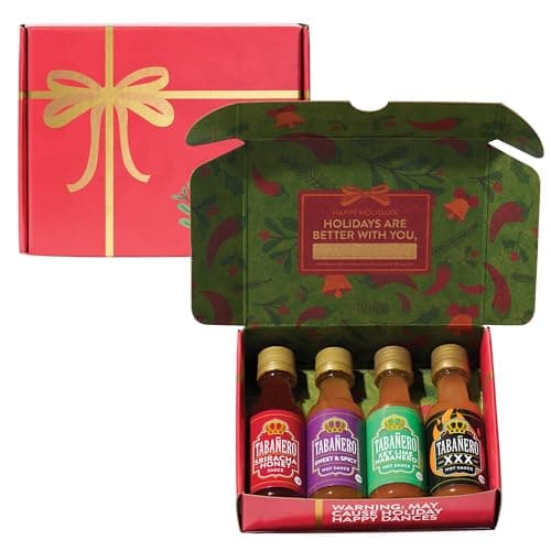 Mini Hot Sauce Gift Set by Tabañero, Holiday Gift Box with Sriracha Honey, Sweet and Spicy, Key Lime and XXX Flavors, 4-Pack, 1.7oz Hot Sauce Bottles, All Natural, Gluten Free, Low Sodium, Kosher, Made in the USA