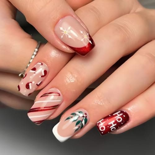 Christmas Nails - Square Press On Nails Medium Fake Nails With Santa Hat Striped Alphabet Snowflake Holly Berry Designs Acrylic Artificial Glue On False Nail Press Ons Stick On Nail for Women Girls