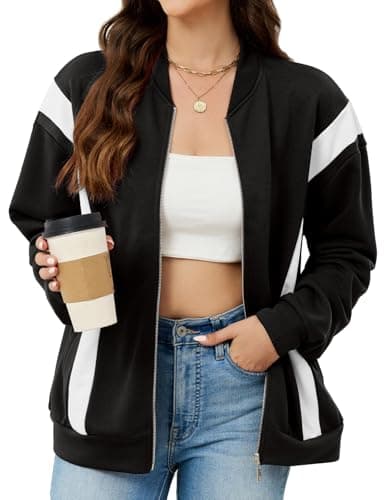 LURANEE Womens Light Jacket,Zip Up Sweatshirts Fall Jackets Long Sleeve Casual Bomber Coat Loose Outwear with Pockets Black 2XL