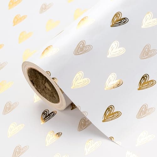 WRAPAHOLIC Heart Wrapping Paper Roll - Mini Roll - 17 Inch x 16.5 Feet - Gold Foil Heart Design for Valentines Day, Wedding, Bridal Shower, Birthday, Baby Shower