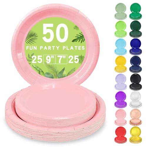 LANLISA 50 Pink Paper Plates Disposable Set Includes 25-9" & 25-7" Disposable Birthday Dessert Cake Paper Plates For Party Supplies