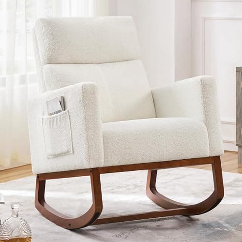 Yaheetech Upholstered Rocking Chair, Boucle Glider Chair Nursery Chair with High Back and Side Pocket, Rocking Accent Armchair with Rubber Wood Legs for Living Room/Bedroom/Nursery, Ivory