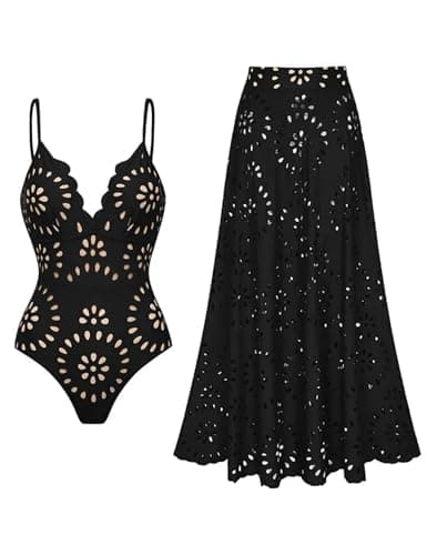 FLAXMAKER Women's One Piece Bathing Suit Petal Hollow V Neck Swimsuit and Skirt (Black Swimsuit and Skirt, L)