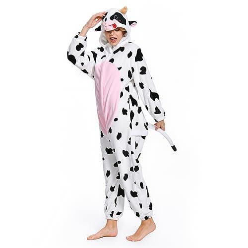 OLAOLA Cow Onesie Adult, Unisex Animal Onesies, Plush Cow Cosplay Pajamas One-Piece Sleepwear Halloween Costume