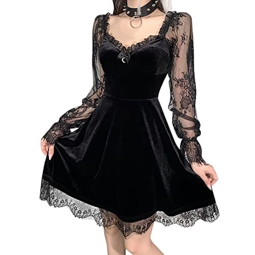 IKADEX Gothic Lolita Dress for Women Black Lace Dress Velvet Mini Dresses Goth Clothes for Teen Girls #A: Black XL