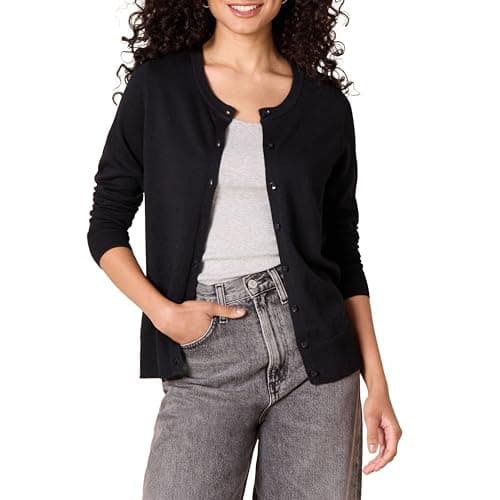 Amazon Essentials Women's Lightweight Crewneck Cardigan Sweater (Available in Plus Size), Black, Medium