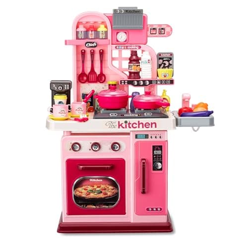 Kids Kitchen Playset-53pcs Cooking Stove,Paly Sink,Oven,Kitchen Toys with Realistic Lights&Sounds，Pretend Play Toys,Kitchen Toys for Toddlers 1 2 3 (Pink)