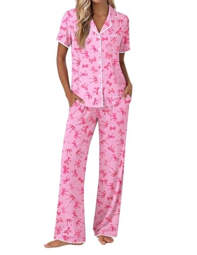 Ekouaer Pajamas for Women Set Bow Button Up Soft Pjs Short Sleeve 2 Piece Lounge Sets Comfy Sleepwear Large