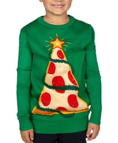 Tipsy Elves Christmas Sweaters for Kids - Children's Cute and Tacky Ugly Pullovers for Boys and Girls Youth Holiday Knitwear - Youth Green Pizza Tree Christmas Sweater Size Medium