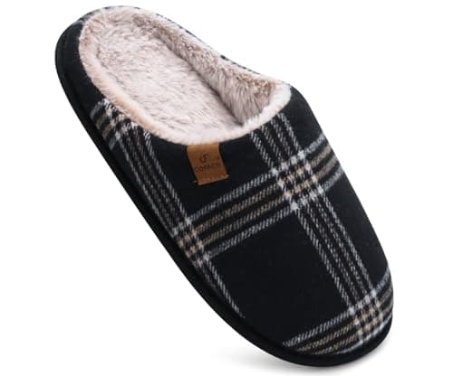 COFACE Mens Black Flano Plaid Cozy Memory Foam scuff Slippers Slip On Warm House Shoes Indoor/Outdoor With Best Arch Support Size 10