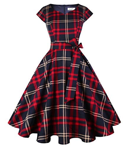 Kingfancy Women Vintage 1950s Dress Retro Cocktail Party Swing Dresses with Cap Sleeves Red Plaid XL
