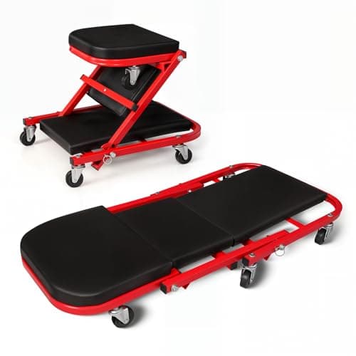 Magshion 36" Triplex Folding Creeper 2-in-1 Garage Foldable Creeper and Seat, Low Profile Mechanic Creeper with 6 Caster Wheels - 330 lbs Capacity (Red)
