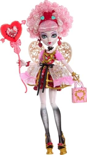 Monster High Scary Sweet Birthday Doll, Cupid Asteria in Pink and Red Party Dress with Themed Accessories Like Invite, Balloon, Gift and More