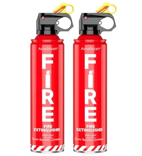 AmzBoom 2-Pack Fire Extinguisher for Home, Kitchen, Car, and Grill with Mounting Bracket and Emergency Kit – Extinguishing Spray, Compact A, B, C, K – Eco-Friendly, Prevents Reignition.