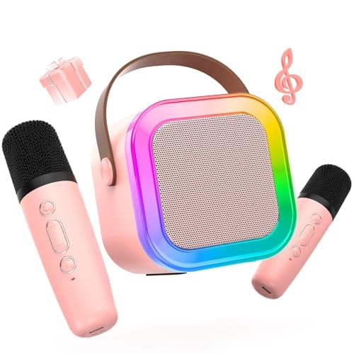 Mini Karaoke Machine for Kids Girls,Toys Birthday Gifts for Ages 4 5 6 7 8+ Year Old,Protable Bluetooth Speaker with 2 Wireless Microphone for Singing Party Outdoor Play (Pink)