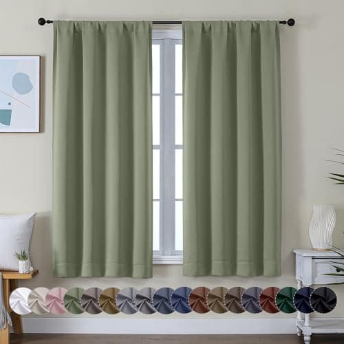 Simplebrand Ava Sage Green Blackout Curtains for Bedroom 63 Inch Length 2 Panels Set, Solid Thermal Insulated Energy Saving Rod Pocket Window Treatment Curtains Blackout Drapes, W40 x L63 Inch, Sage