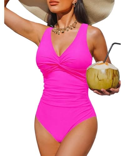 Holipick Hot Pink Women Tummy Control One Piece Swimsuit - Push Up Bathing Suit Full Coverage Slimming Swimwear L
