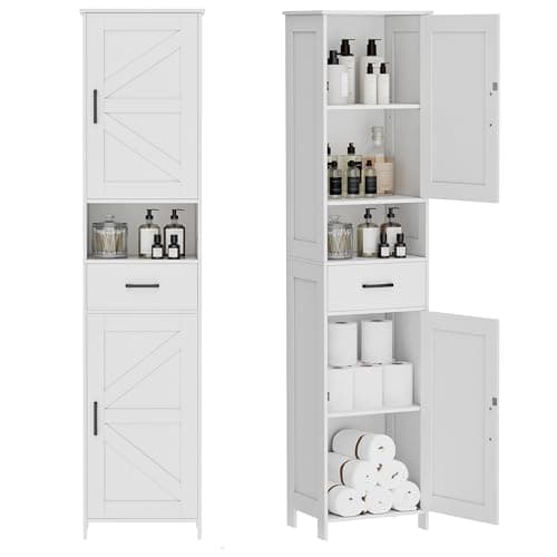 Homhedy 67" H Tall Bathroom Storage Cabinet with 2 Barn Doors and 1 Drawer, Narrow Storage Unit, Adjustable Shelves，Floor Cabinet for Bathroom, Living Room, Entryway, Kitchen, White