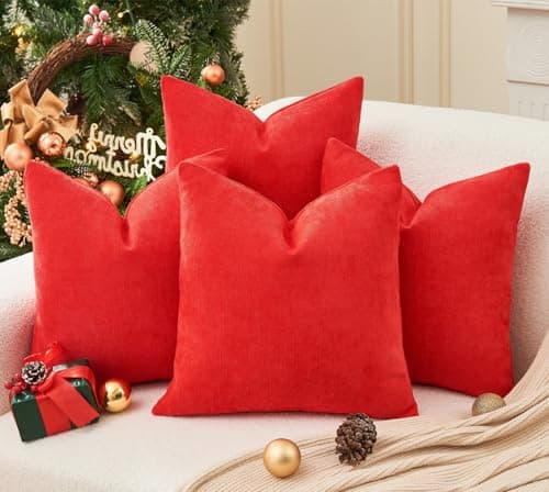 GriNeed Pack of 4 Christmas Red Pillow Covers 18x18 Inch Chenille Throw Pillow Covers Solid Decorative Soft Xmas Cushion Covers Home Boho Textured Decor for Couch Sofa Bed Living Room