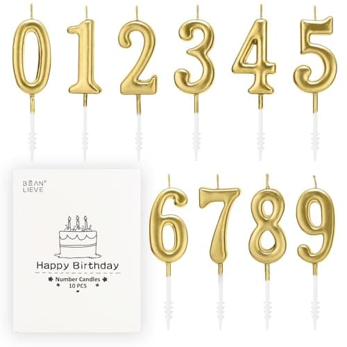 Beanlieve 10-Pieces Numeral Birthday Candles - Cake Numeric Candles Number 0 1 2 3 4 5 6 7 8 9,Used for Cake Decoration on Birthday Parties and Wedding Anniversary Celebrations(Champagne Gold)