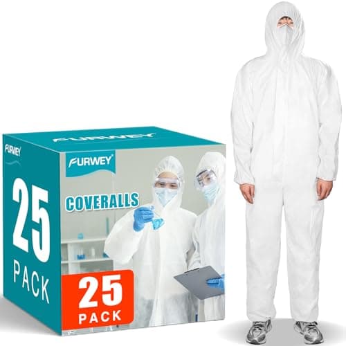 FURWEY Hazmat Suits 25PACK Disposable Protective Coveralls, Heavy Duty Full Body Painters Suit for Men & Women with Elastic Wrists, Ankles and Hood- Breathable & Waterproof-Large