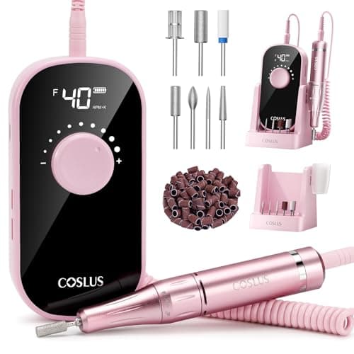 COSLUS Professional Rechargeable Electric Nail Drill 40000 RPM, Portable Nail File with Storage Stand for Acrylic Gel Polishing Removing - Easy to Use for Women, Manicure at Home DIY or Salon, Pink